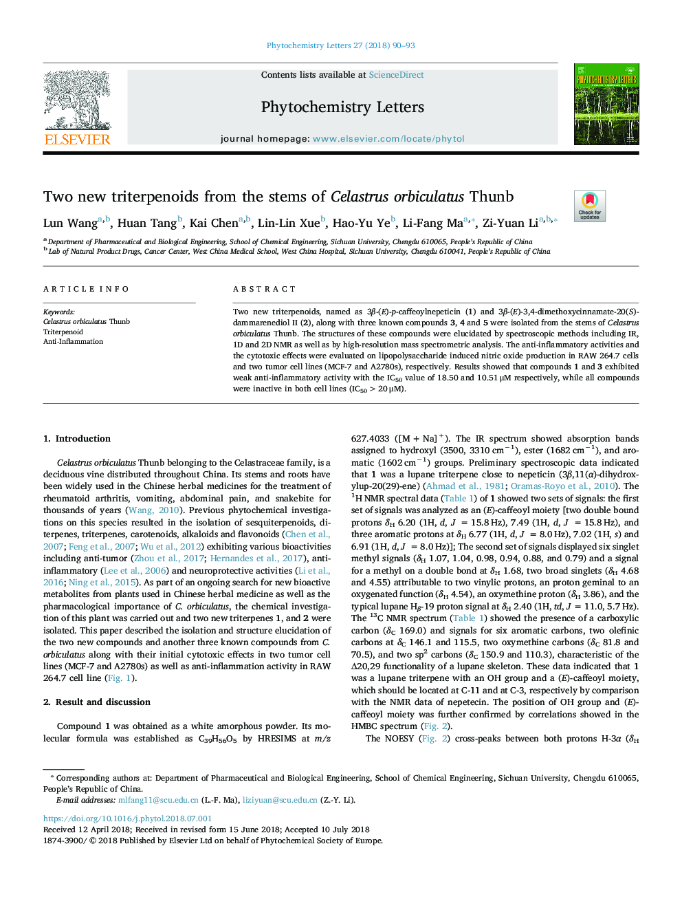 Two new triterpenoids from the stems of Celastrus orbiculatus Thunb