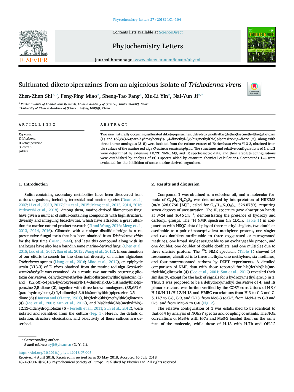 Sulfurated diketopiperazines from an algicolous isolate of Trichoderma virens