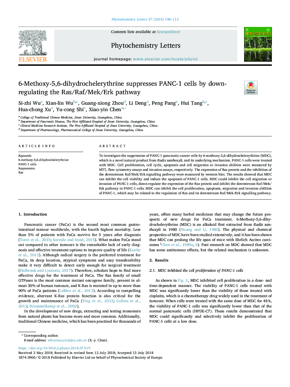 6-Methoxy-5,6-dihydrochelerythrine suppresses PANC-1 cells by down-regulating the Ras/Raf/Mek/Erk pathway