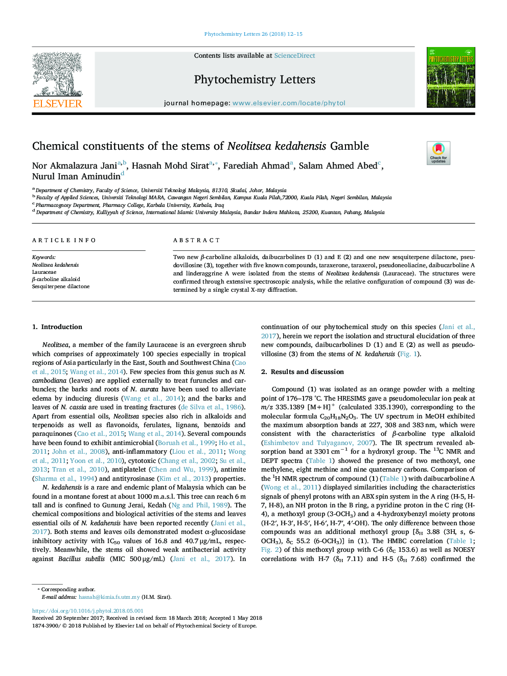 Chemical constituents of the stems of Neolitsea kedahensis Gamble