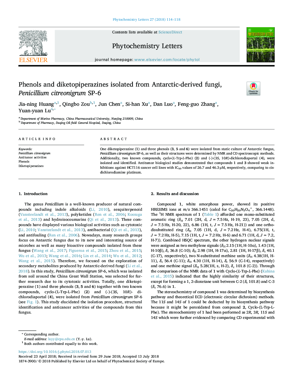 Phenols and diketopiperazines isolated from Antarctic-derived fungi, Penicillium citreonigrum SP-6