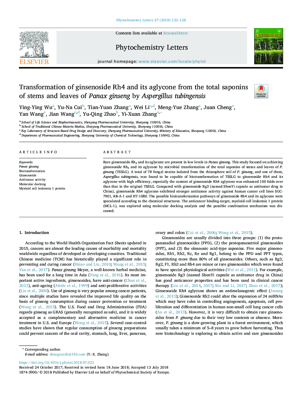 Transformation of ginsenoside Rh4 and its aglycone from the total saponins of stems and leaves of Panax ginseng by Aspergillus tubingensis