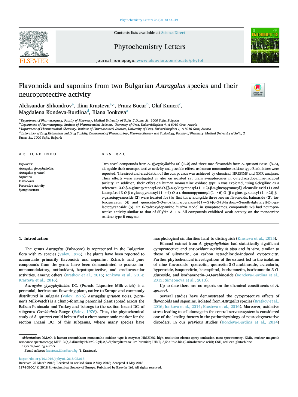 Flavonoids and saponins from two Bulgarian Astragalus species and their neuroprotective activity