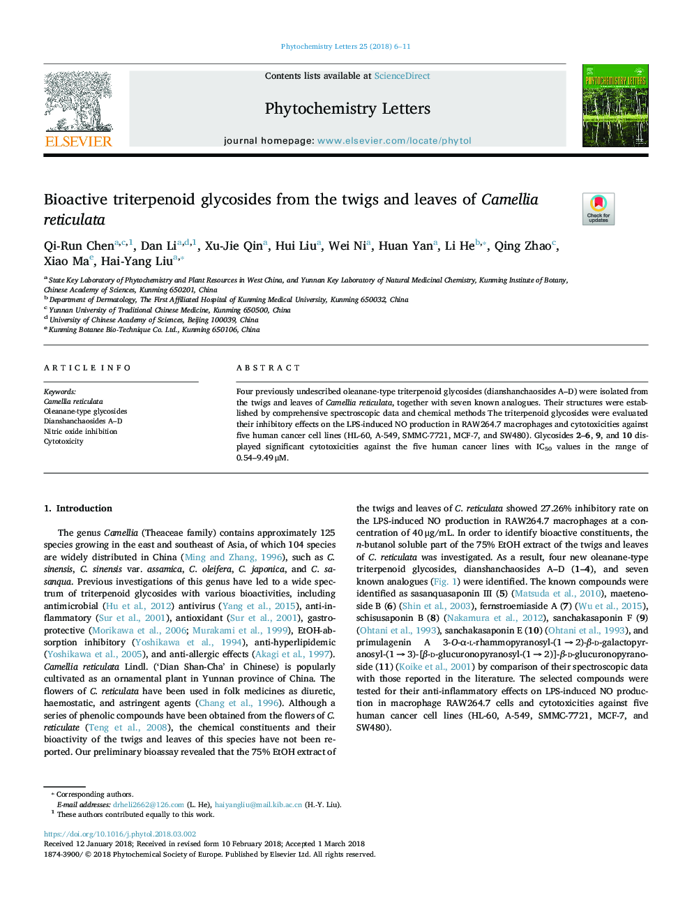 Bioactive triterpenoid glycosides from the twigs and leaves of Camellia reticulata