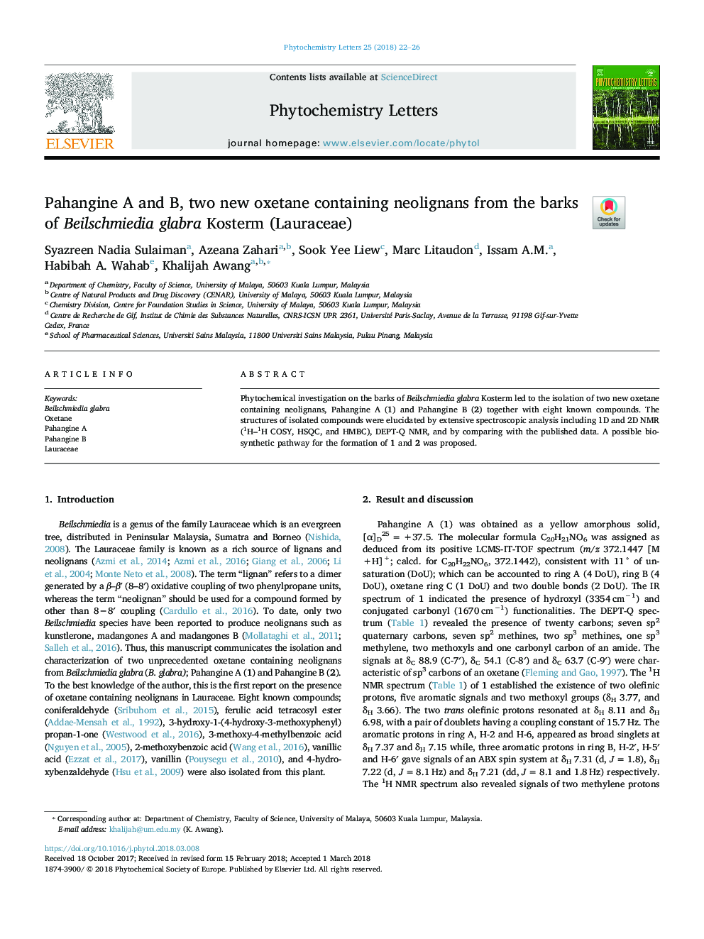 Pahangine A and B, two new oxetane containing neolignans from the barks of Beilschmiedia glabra Kosterm (Lauraceae)