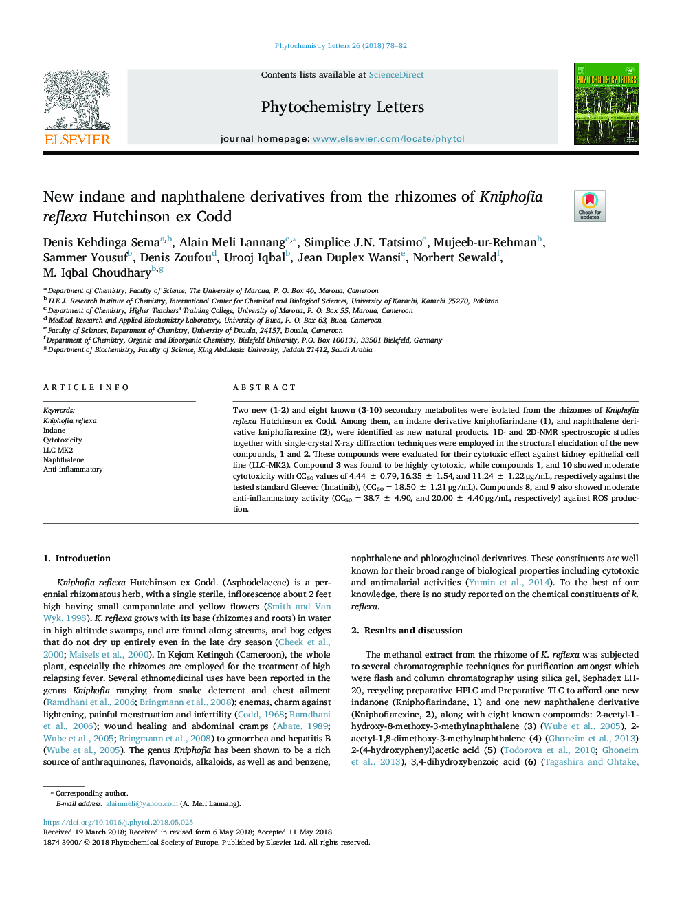 New indane and naphthalene derivatives from the rhizomes of Kniphofia reflexa Hutchinson ex Codd