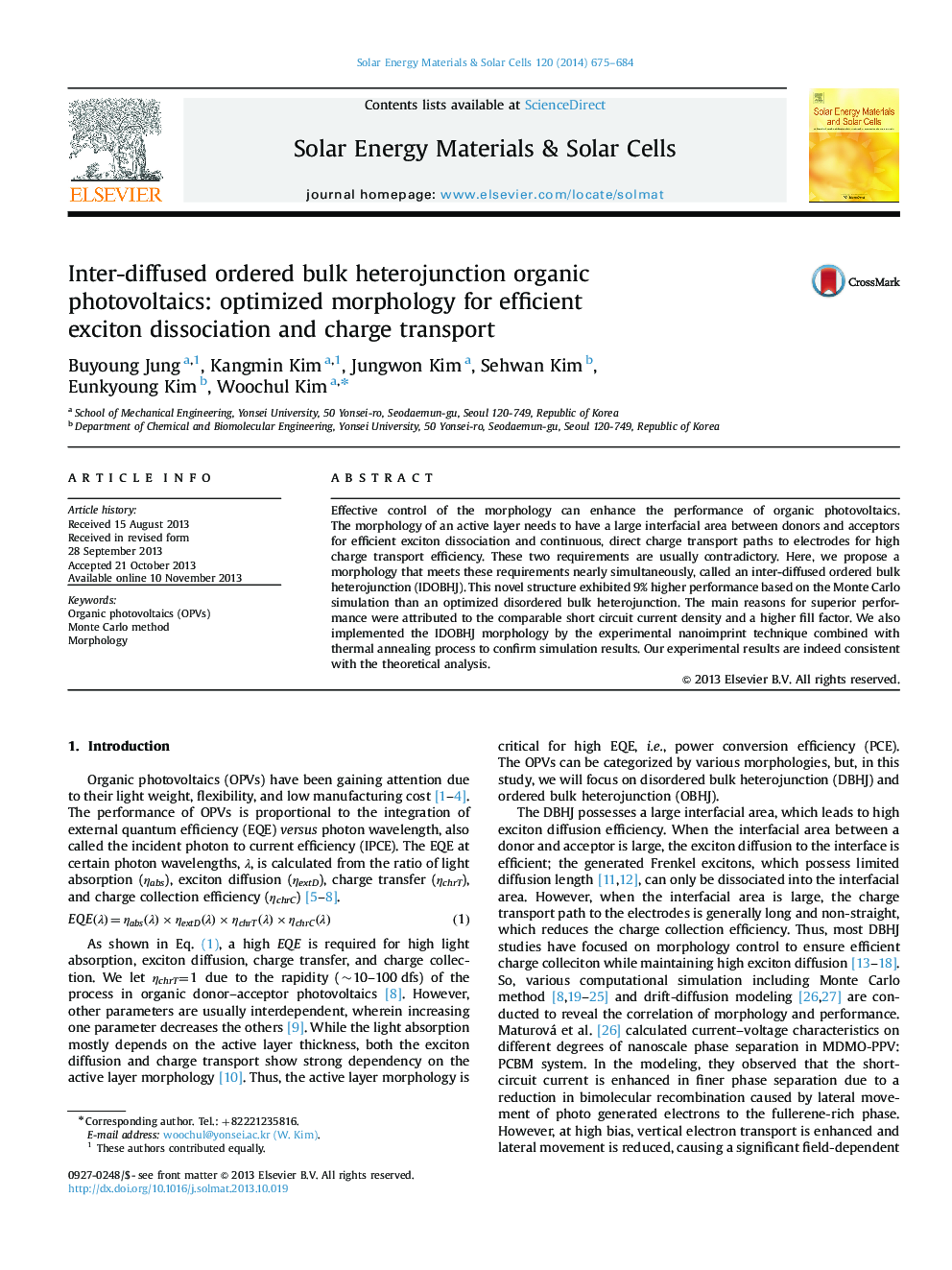 Inter-diffused ordered bulk heterojunction organic photovoltaics: optimized morphology for efficient exciton dissociation and charge transport