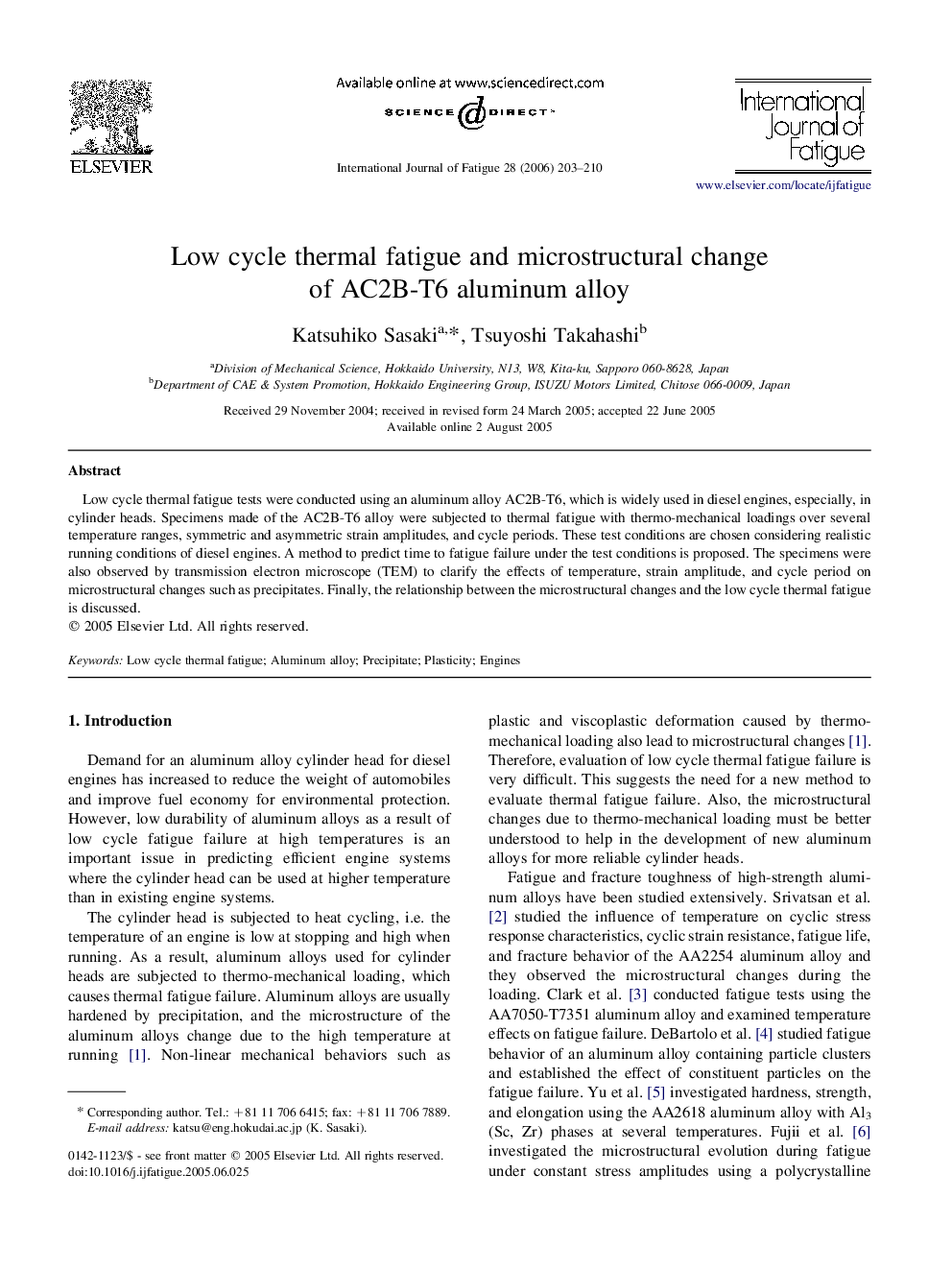 Low cycle thermal fatigue and microstructural change of AC2B-T6 aluminum alloy