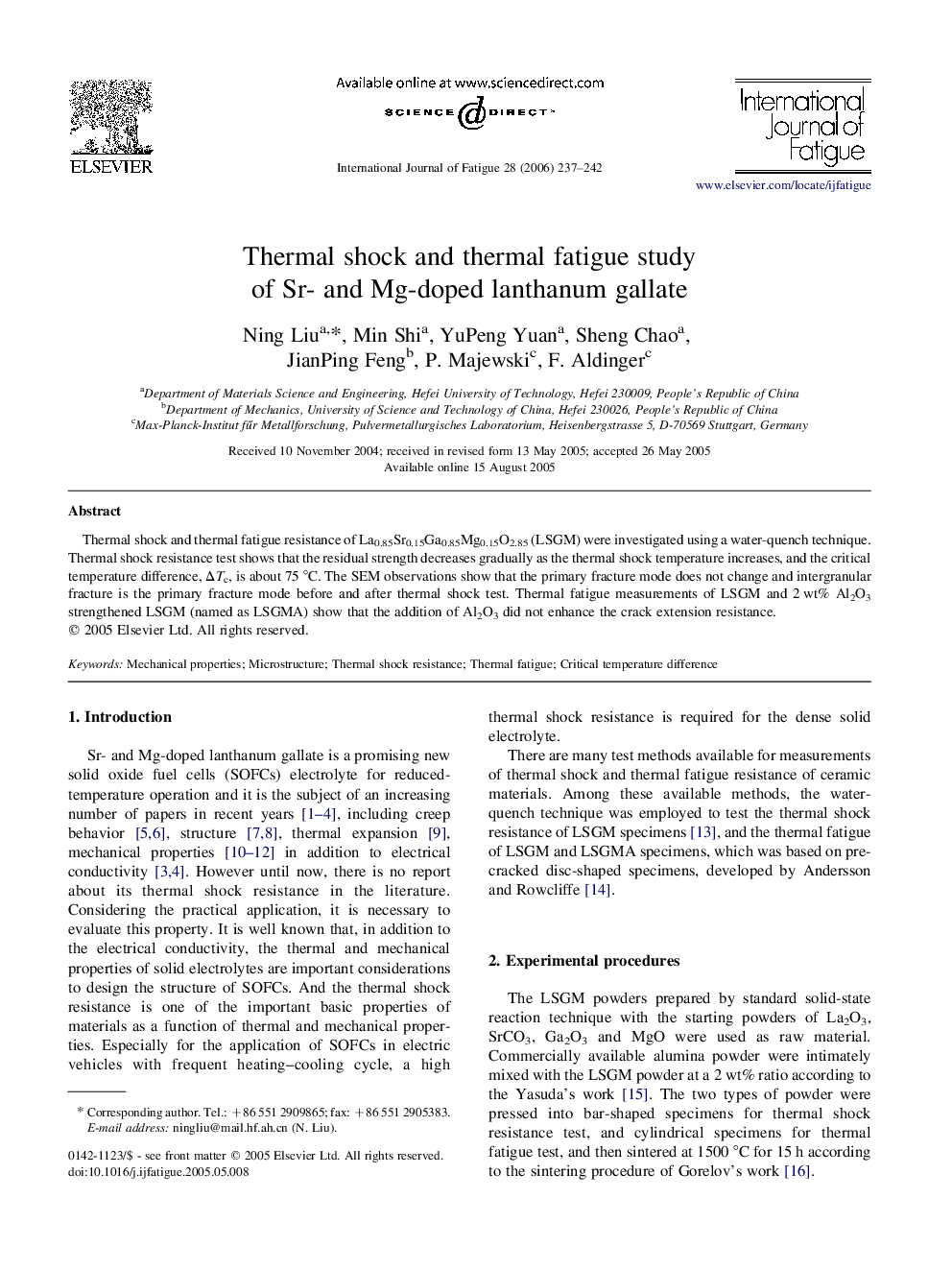 Thermal shock and thermal fatigue study of Sr- and Mg-doped lanthanum gallate