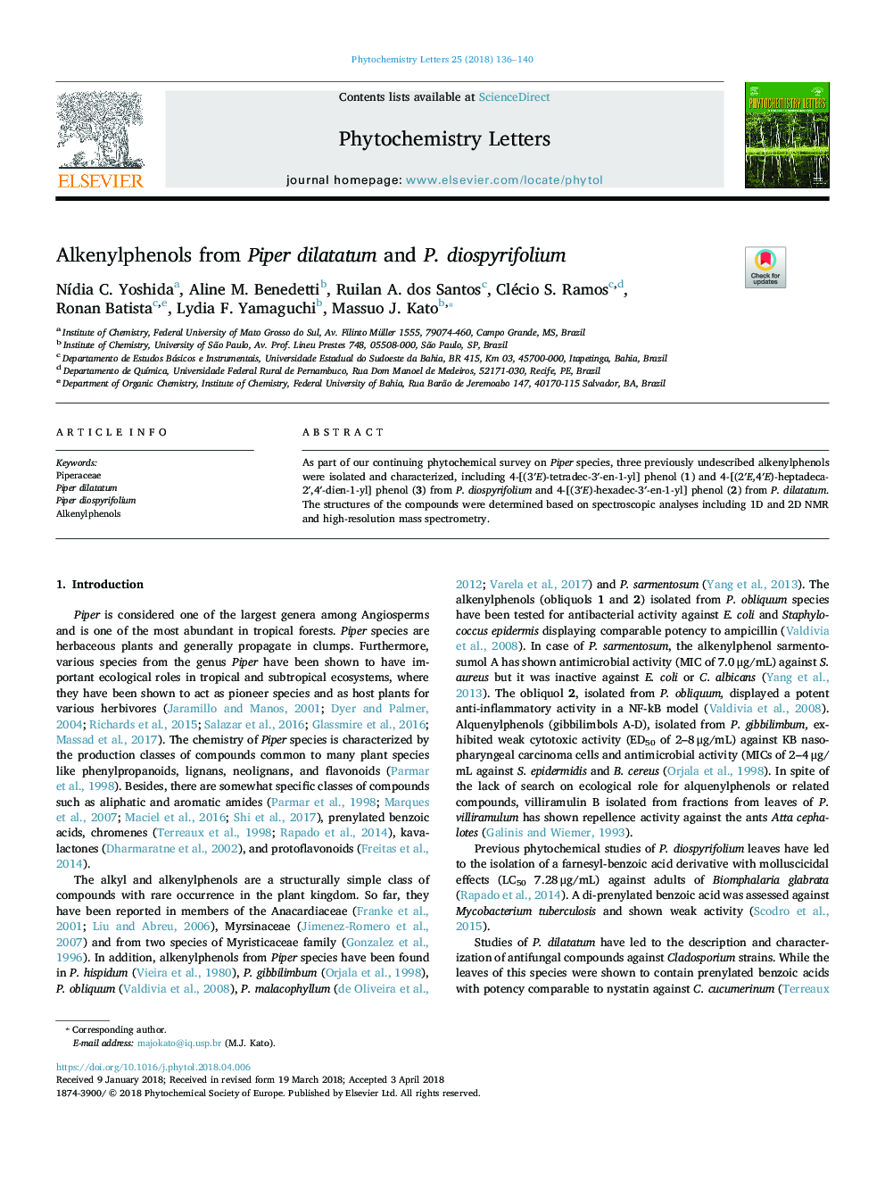 Alkenylphenols from Piper dilatatum and P. diospyrifolium