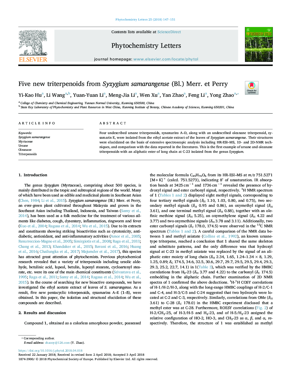 Five new triterpenoids from Syzygium samarangense (Bl.) Merr. et Perry