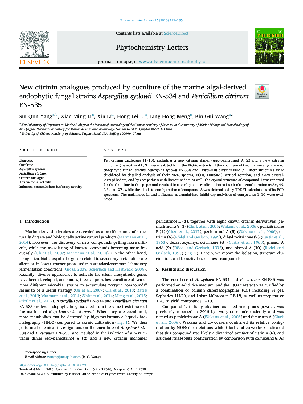 New citrinin analogues produced by coculture of the marine algal-derived endophytic fungal strains Aspergillus sydowii EN-534 and Penicillium citrinum EN-535