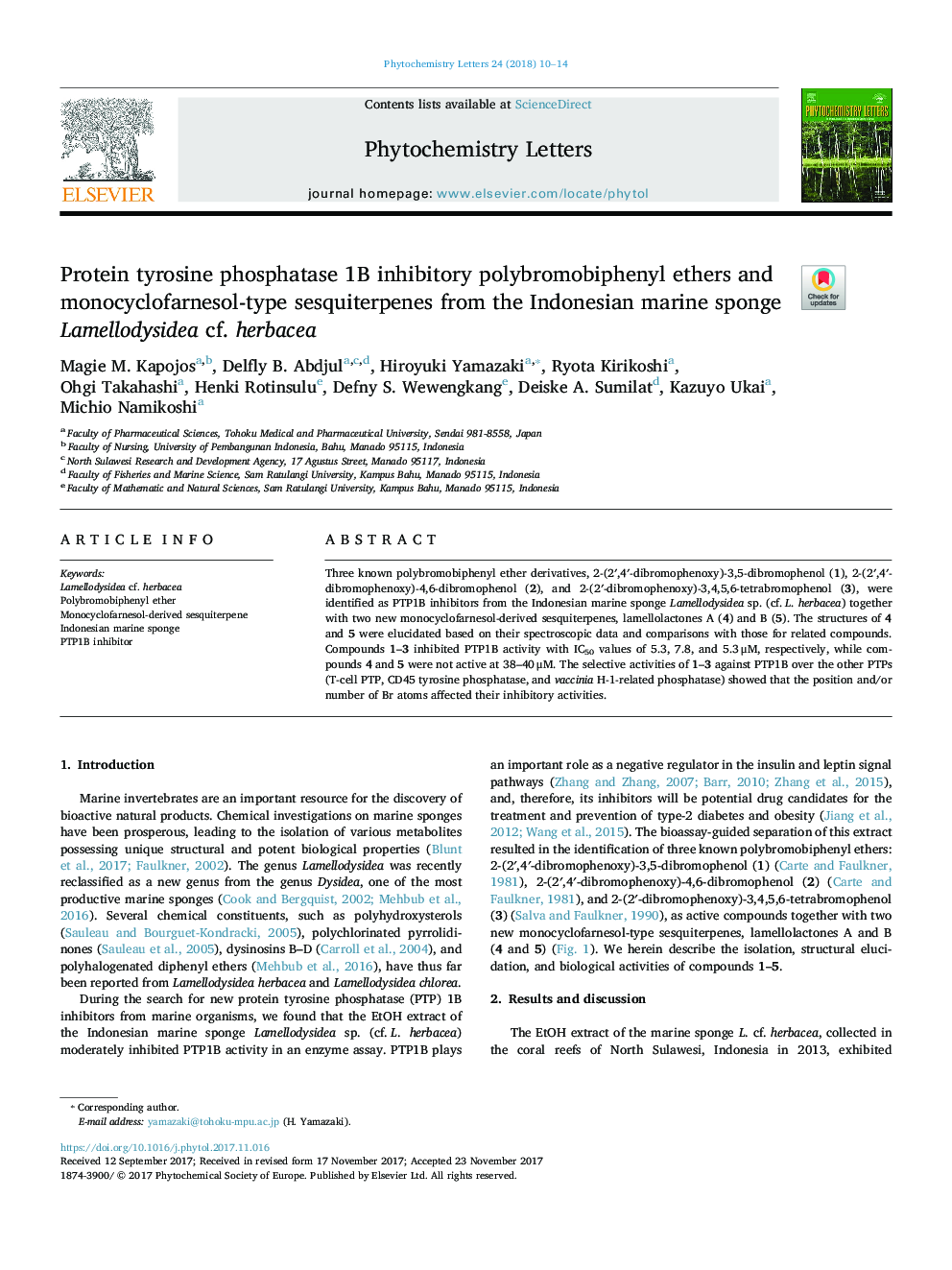 Protein tyrosine phosphatase 1B inhibitory polybromobiphenyl ethers and monocyclofarnesol-type sesquiterpenes from the Indonesian marine sponge Lamellodysidea cf. herbacea