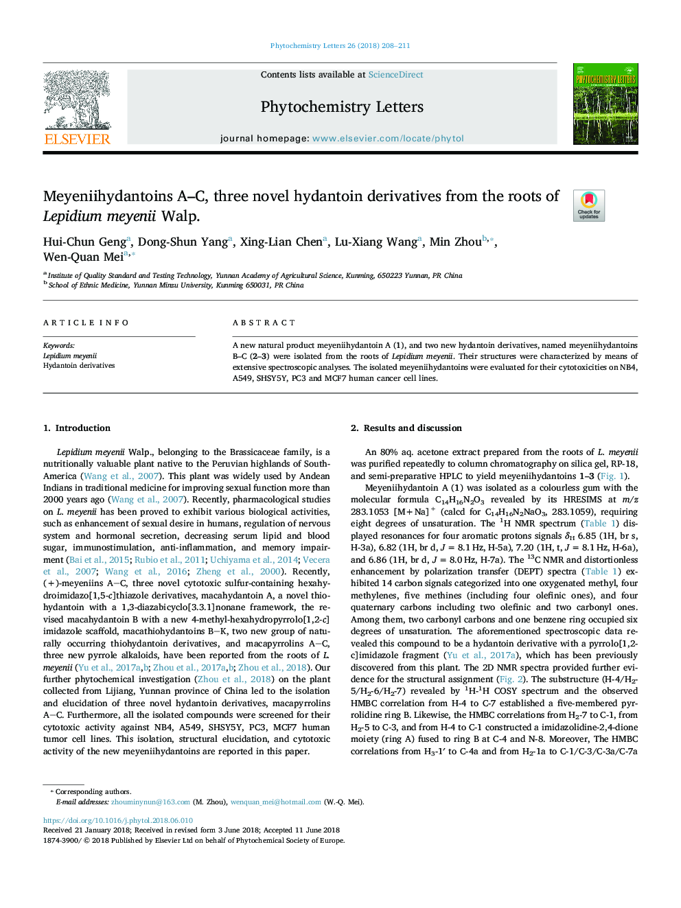 Meyeniihydantoins A-C, three novel hydantoin derivatives from the roots of Lepidium meyenii Walp.