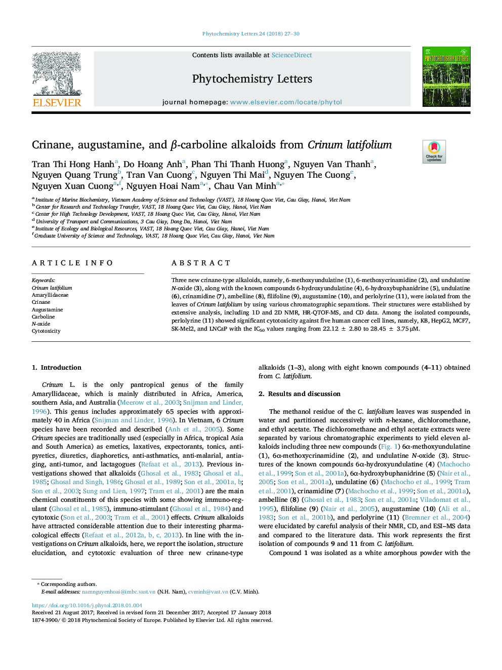 Crinane, augustamine, and Î²-carboline alkaloids from Crinum latifolium