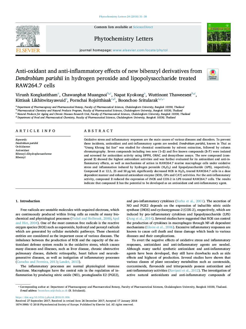 Anti-oxidant and anti-inflammatory effects of new bibenzyl derivatives from Dendrobium parishii in hydrogen peroxide and lipopolysaccharide treated RAW264.7 cells