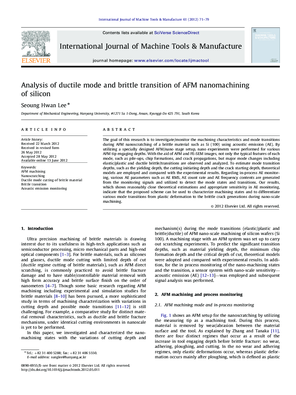 Analysis of ductile mode and brittle transition of AFM nanomachining of silicon