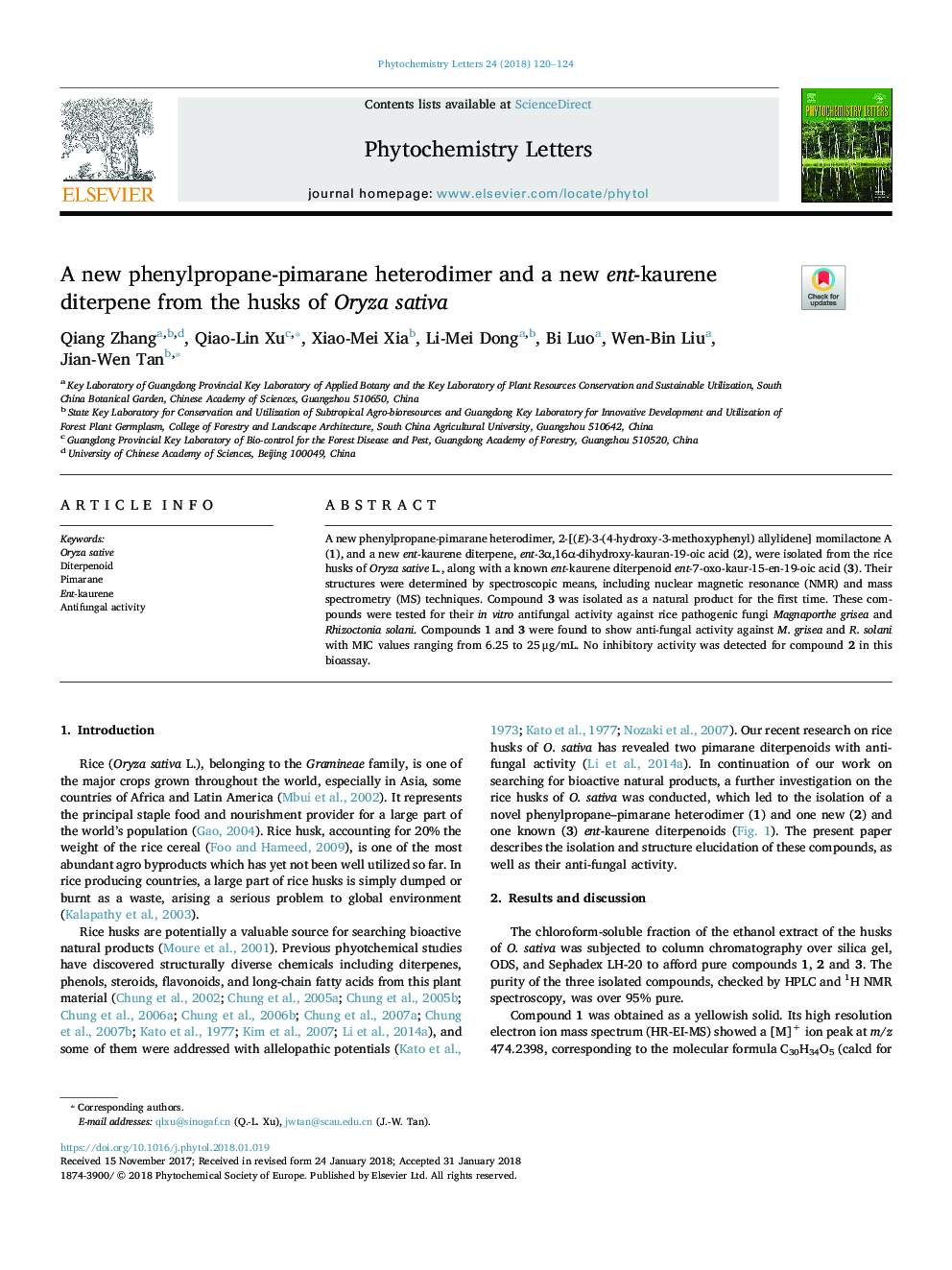 A new phenylpropane-pimarane heterodimer and a new ent-kaurene diterpene from the husks of Oryza sativa