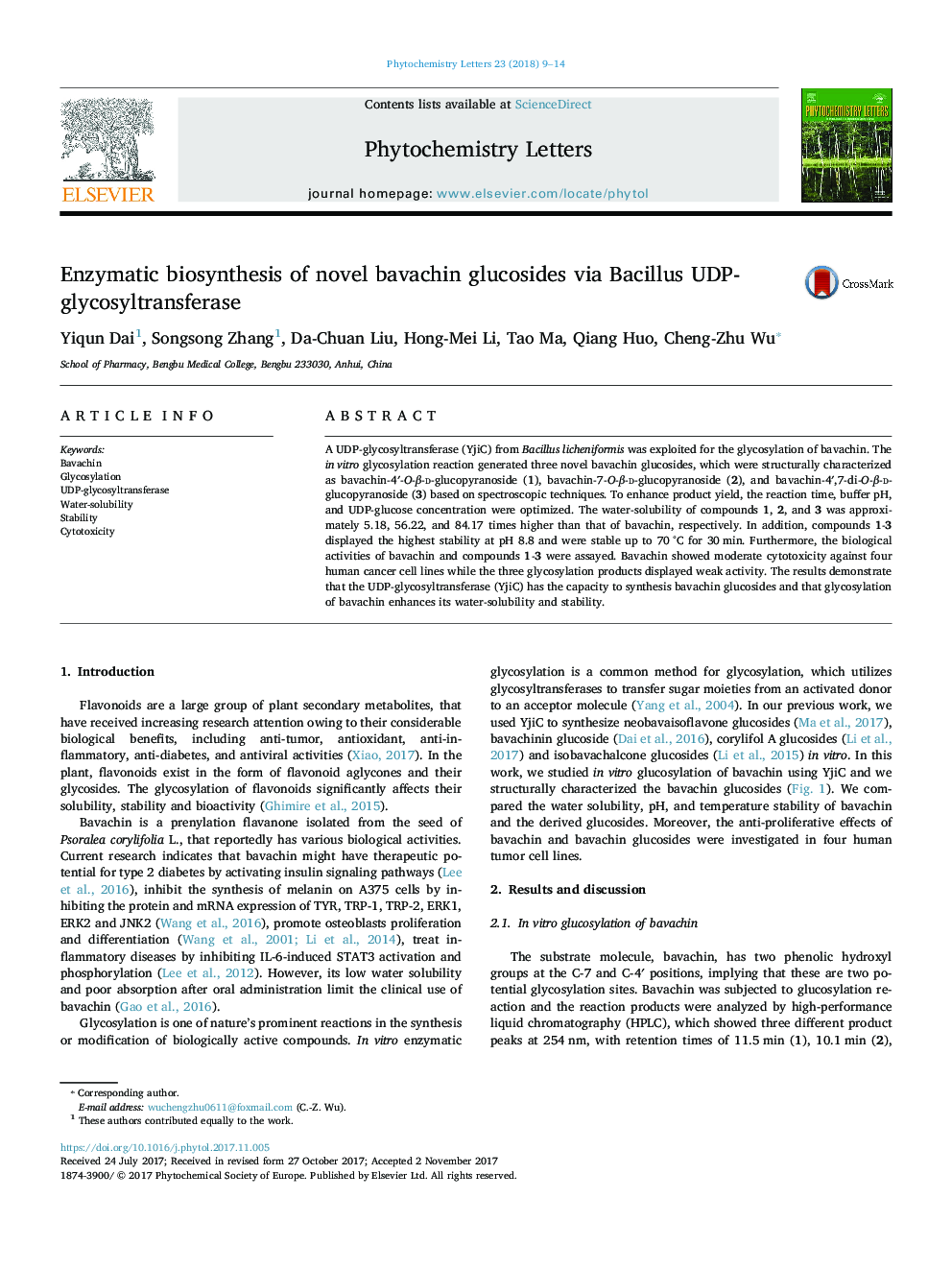 Enzymatic biosynthesis of novel bavachin glucosides via Bacillus UDP-glycosyltransferase