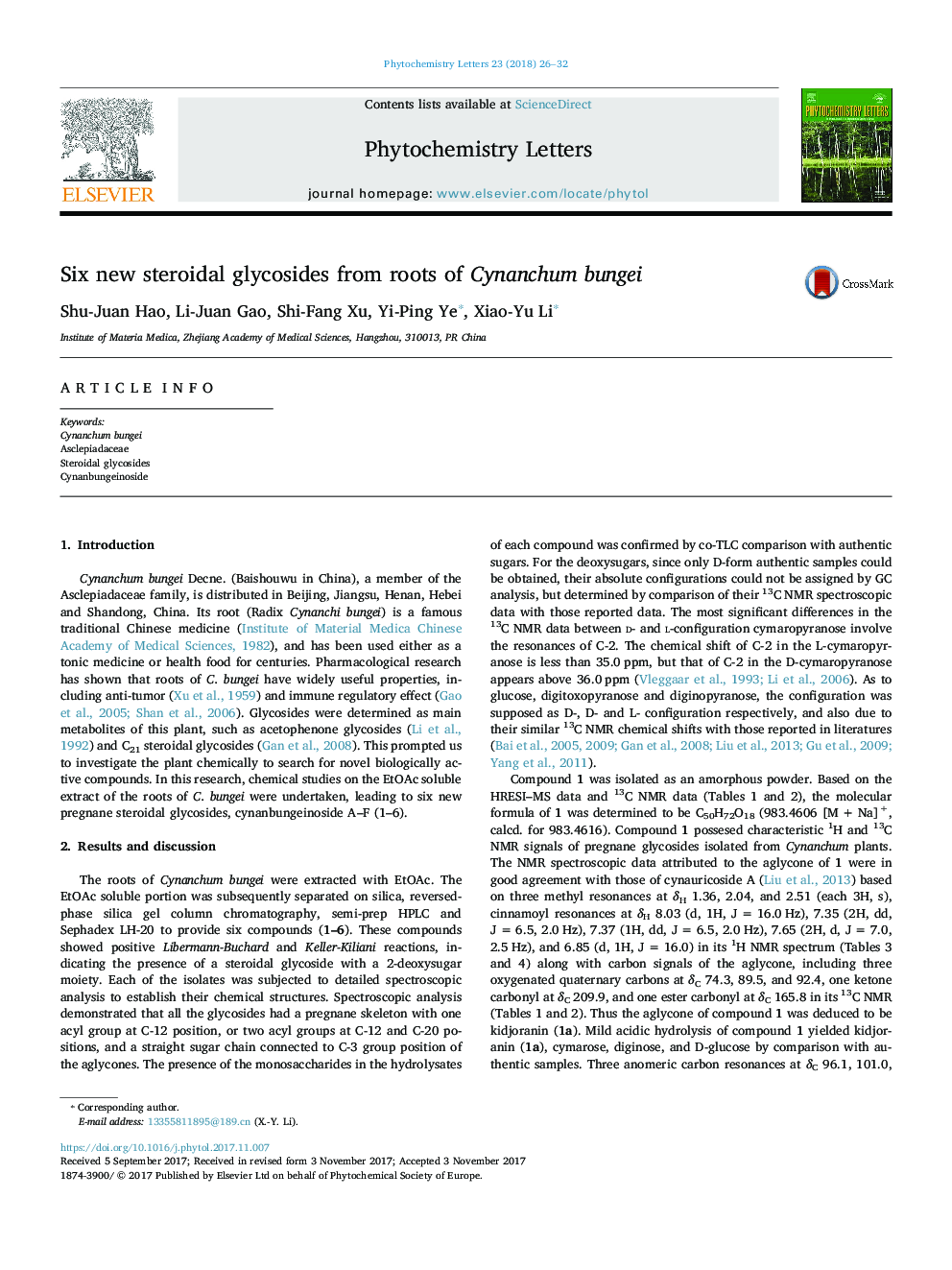 Six new steroidal glycosides from roots of Cynanchum bungei