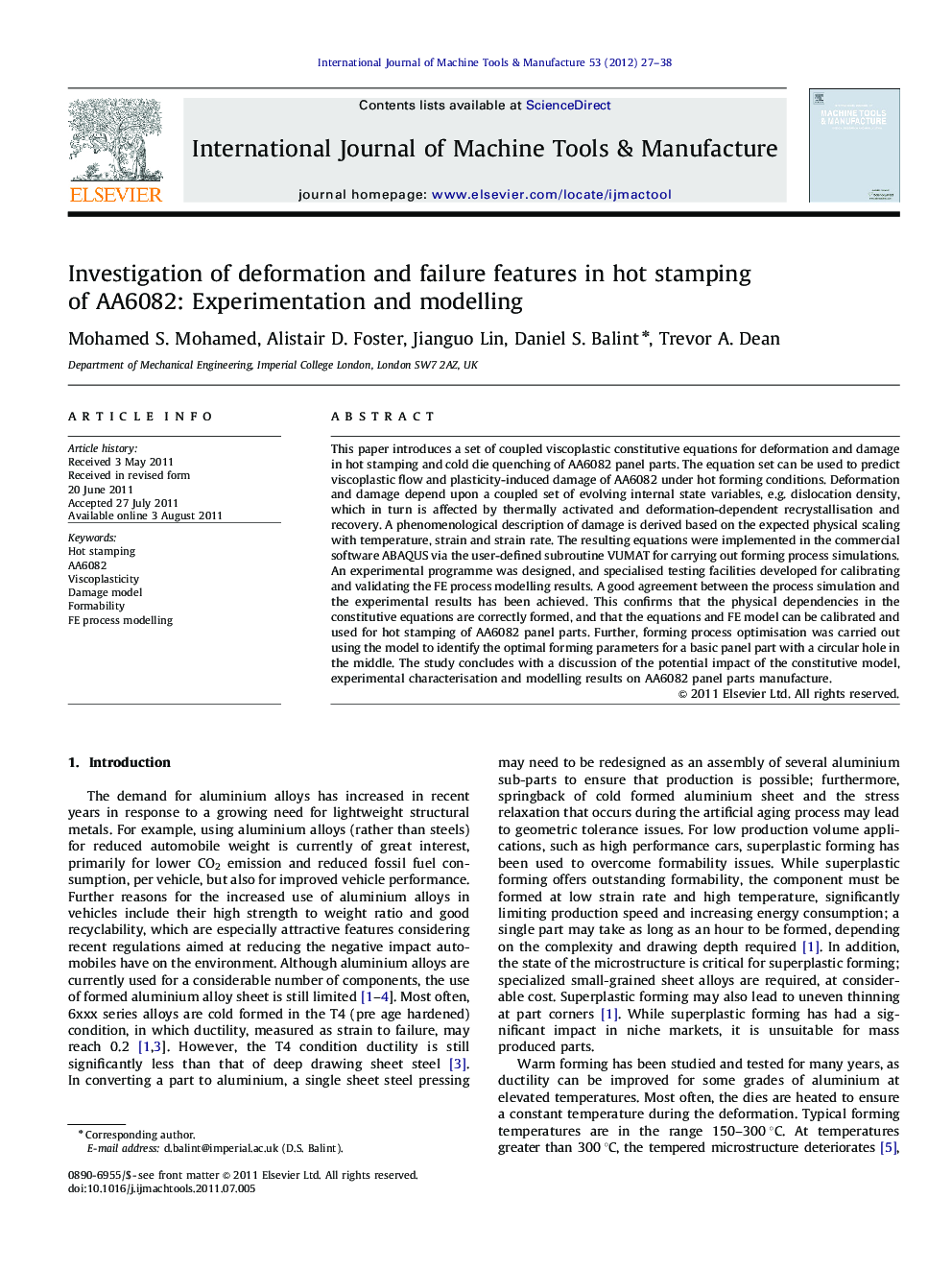 Investigation of deformation and failure features in hot stamping of AA6082: Experimentation and modelling