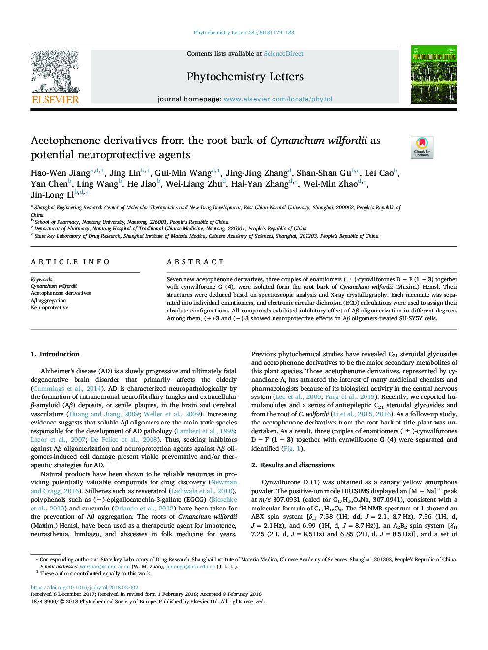 Acetophenone derivatives from the root bark of Cynanchum wilfordii as potential neuroprotective agents