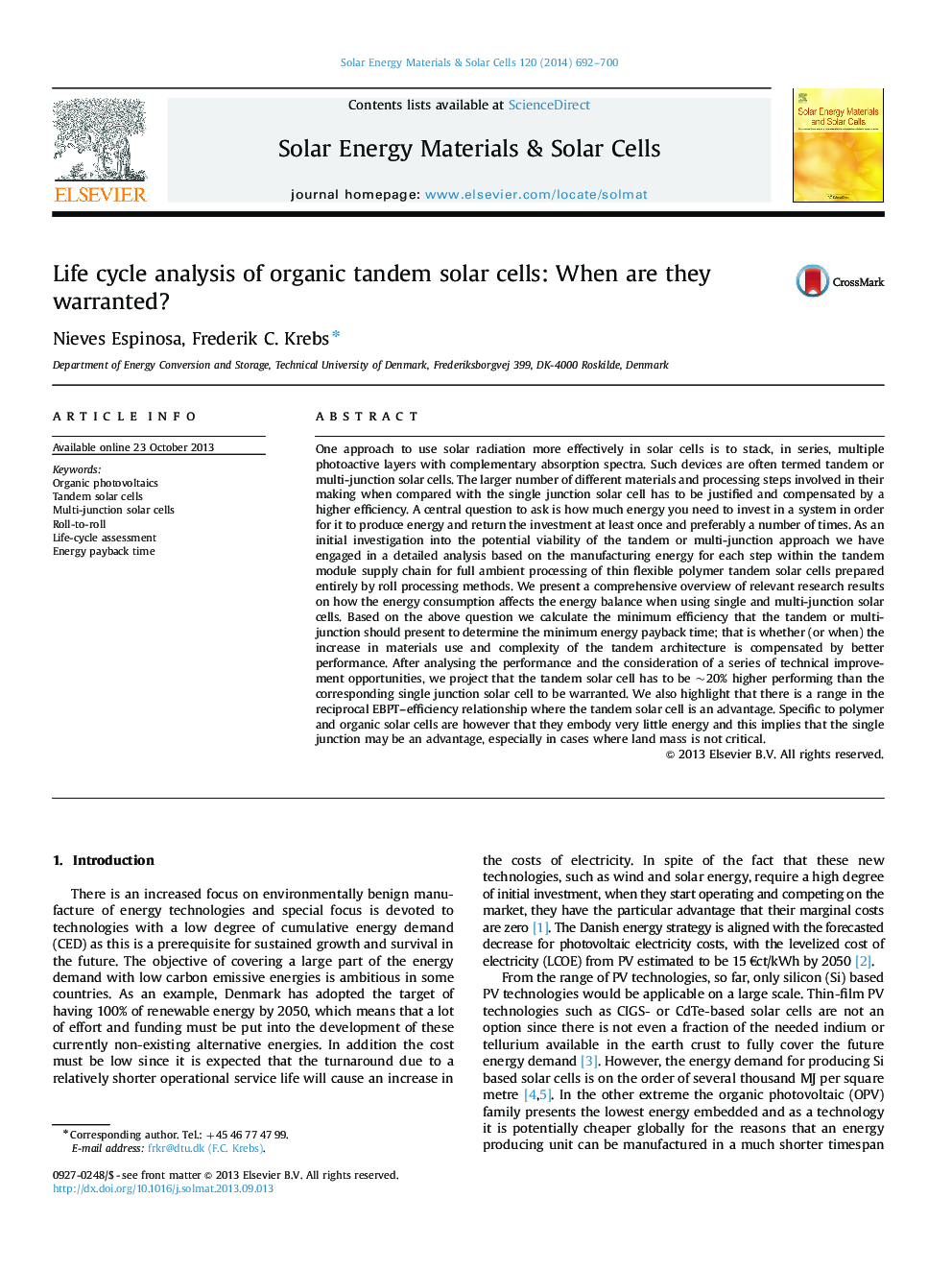 Life cycle analysis of organic tandem solar cells: When are they warranted?