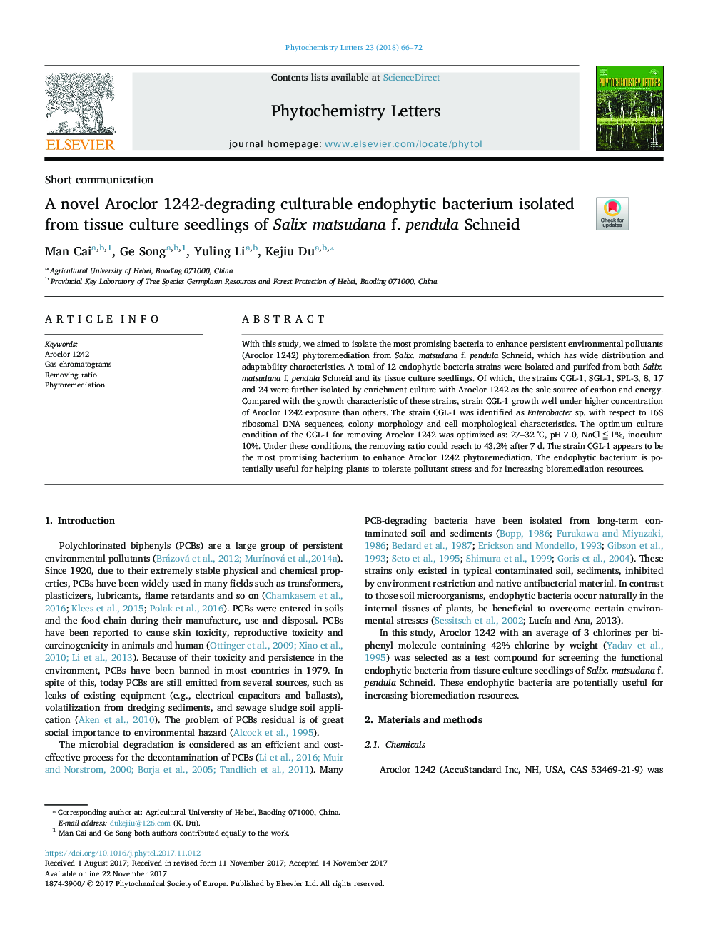 A novel Aroclor 1242-degrading culturable endophytic bacterium isolated from tissue culture seedlings of Salix matsudana f. pendula Schneid
