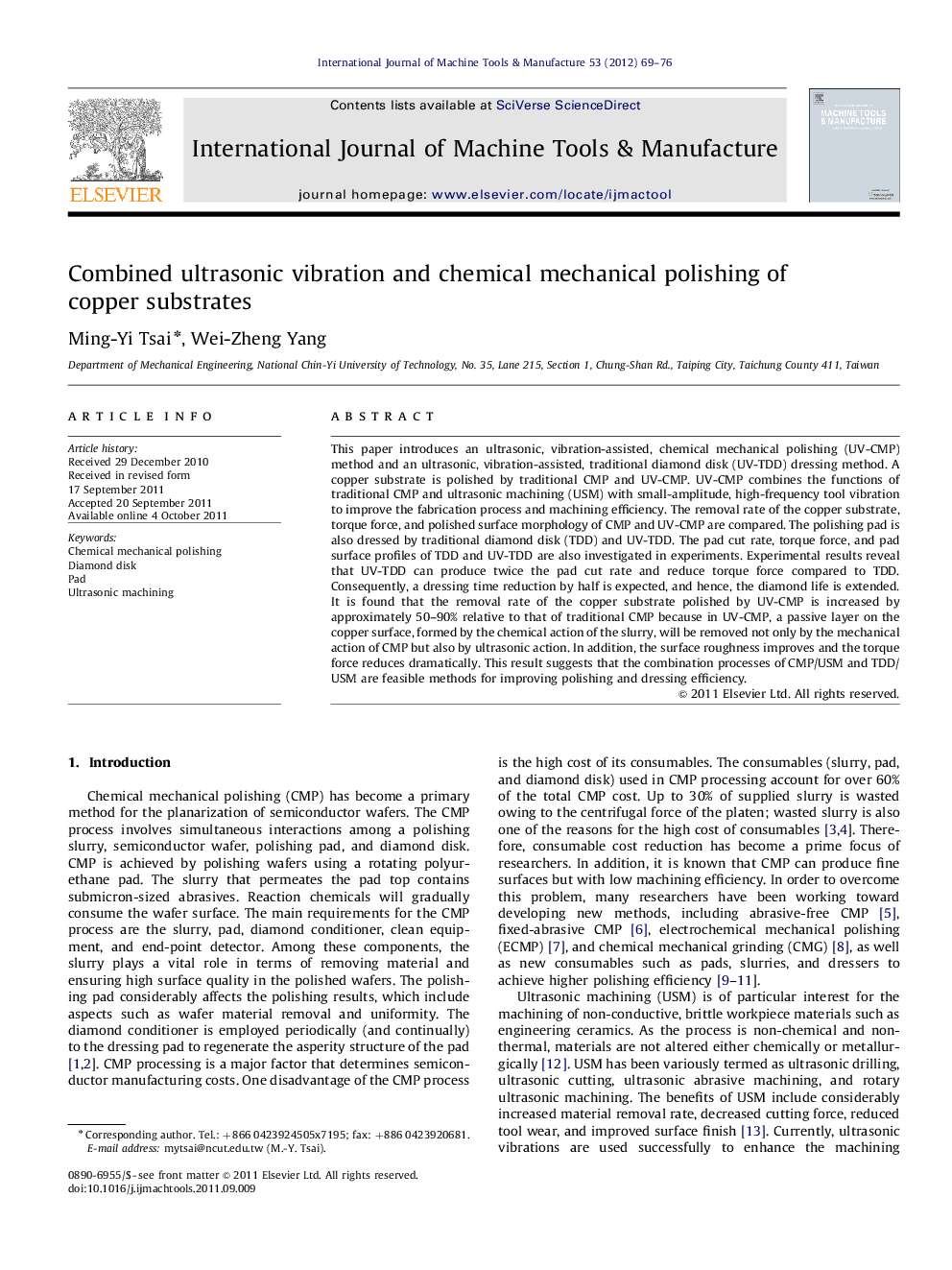 Combined ultrasonic vibration and chemical mechanical polishing of copper substrates