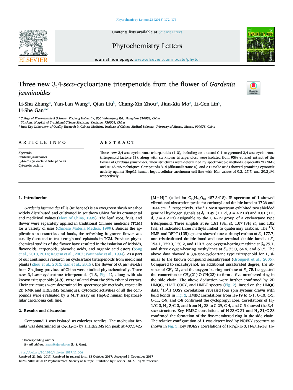 Three new 3,4-seco-cycloartane triterpenoids from the flower of Gardenia jasminoides