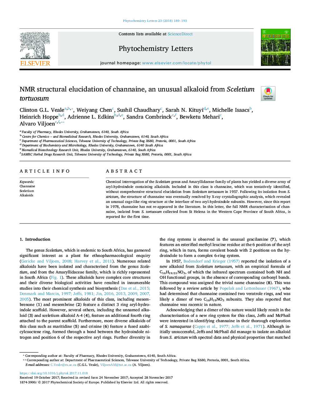 NMR structural elucidation of channaine, an unusual alkaloid from Sceletium tortuosum