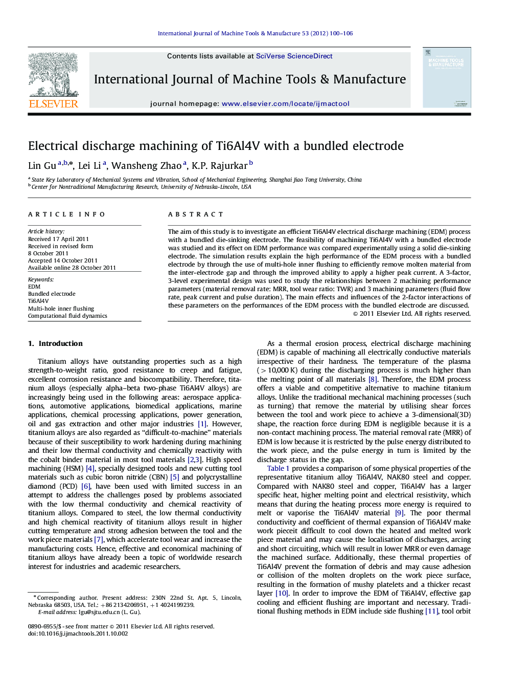 Electrical discharge machining of Ti6Al4V with a bundled electrode