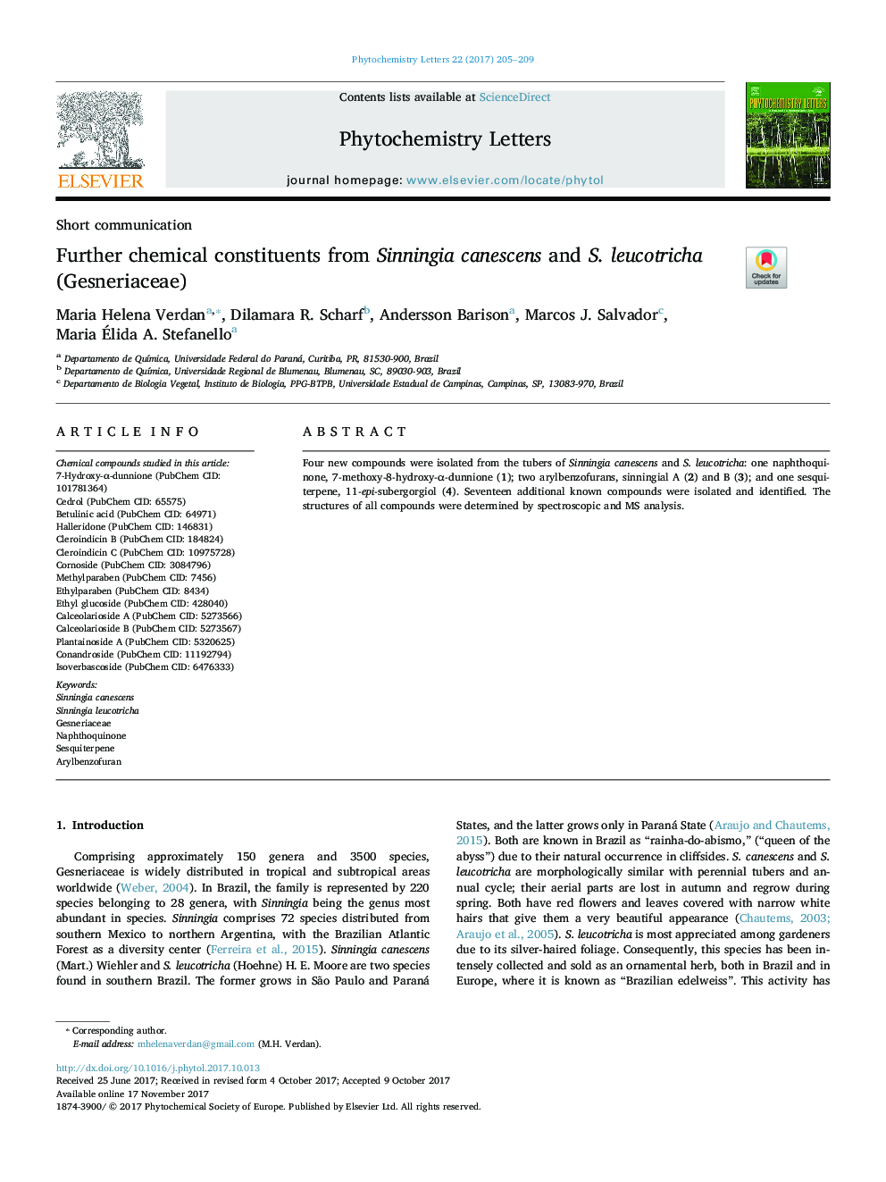 Further chemical constituents from Sinningia canescens and S. leucotricha (Gesneriaceae)