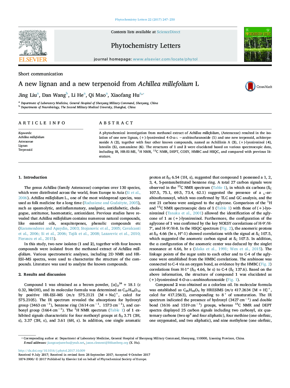 A new lignan and a new terpenoid from Achillea millefolium L