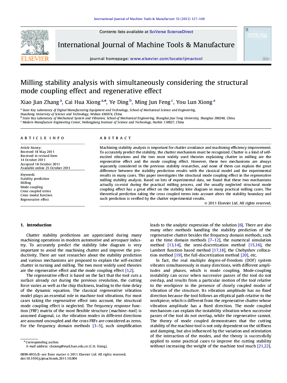 Milling stability analysis with simultaneously considering the structural mode coupling effect and regenerative effect