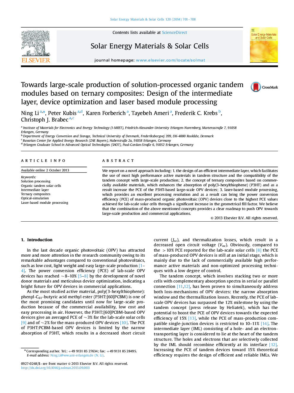 Towards large-scale production of solution-processed organic tandem modules based on ternary composites: Design of the intermediate layer, device optimization and laser based module processing