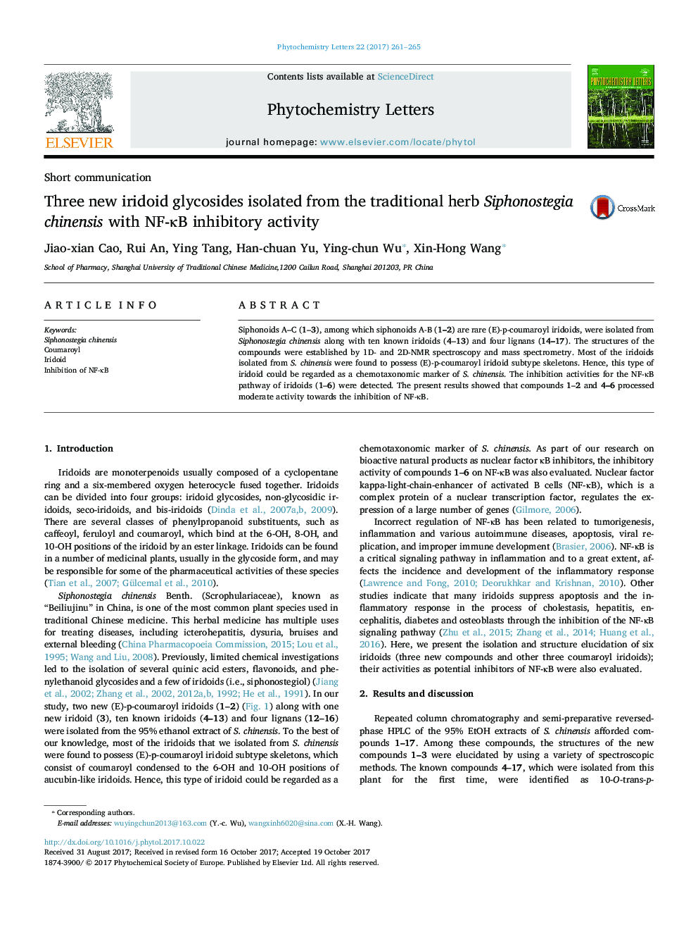 Three new iridoid glycosides isolated from the traditional herb Siphonostegia chinensis with NF-ÎºB inhibitory activity