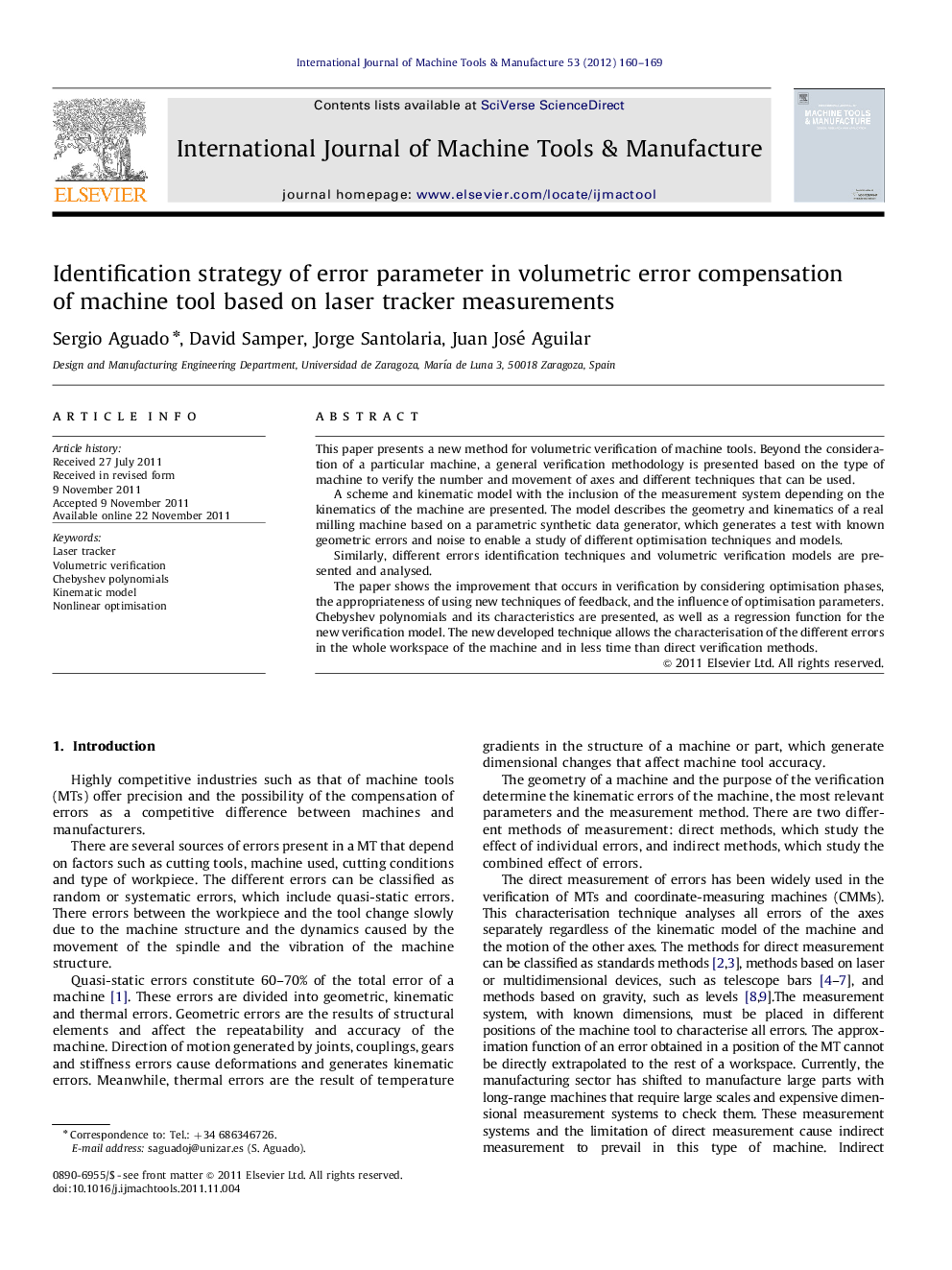 Identification strategy of error parameter in volumetric error compensation of machine tool based on laser tracker measurements