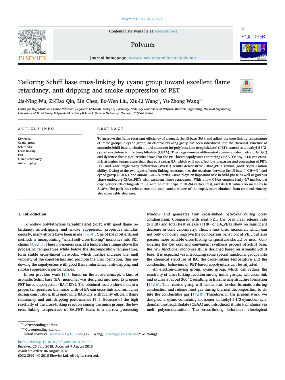 Tailoring Schiff base cross-linking by cyano group toward excellent flame retardancy, anti-dripping and smoke suppression of PET