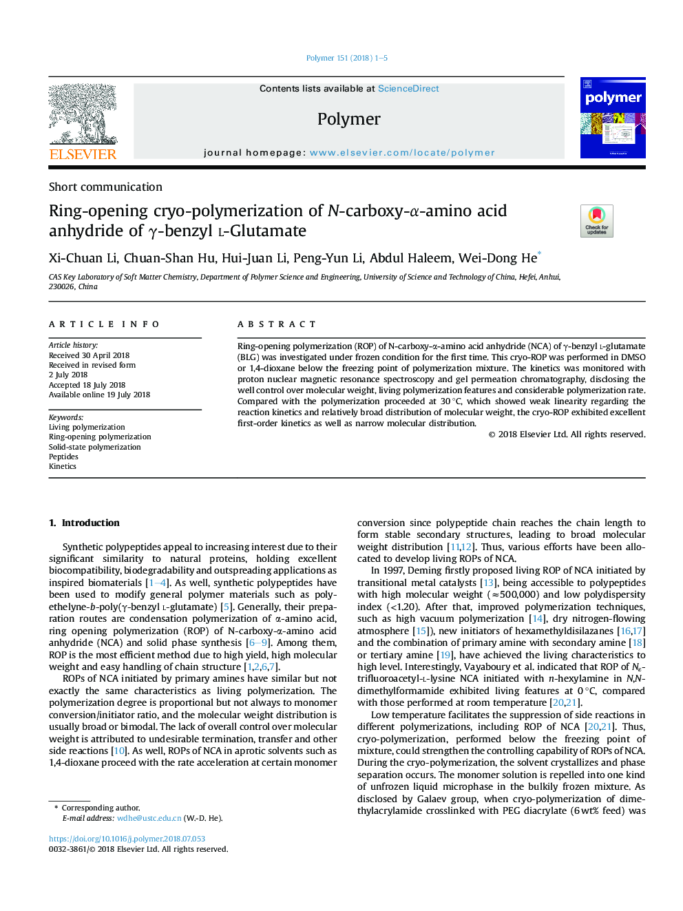 Ring-opening cryo-polymerization of N-carboxy-Î±-amino acid anhydride of Î³-benzyl l-Glutamate