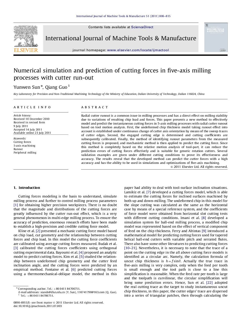 Numerical simulation and prediction of cutting forces in five-axis milling processes with cutter run-out