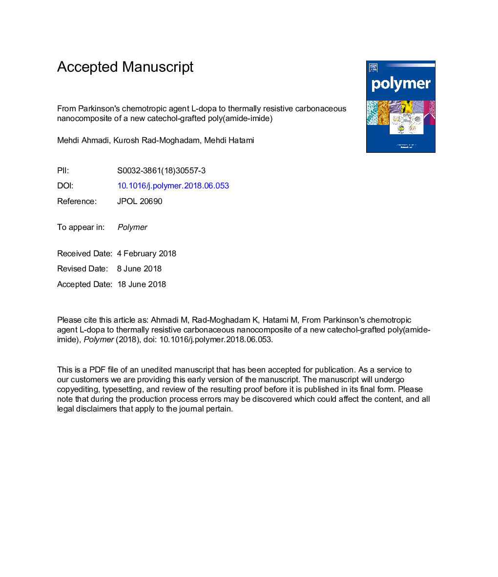 From Parkinson's chemotropic agent l-dopa to thermally resistiveÂ carbonaceous nanocomposite of a new catechol-grafted poly(amide-imide)