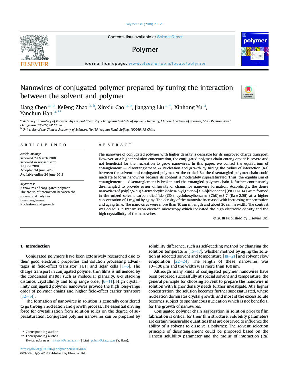 Nanowires of conjugated polymer prepared by tuning the interaction between the solvent and polymer