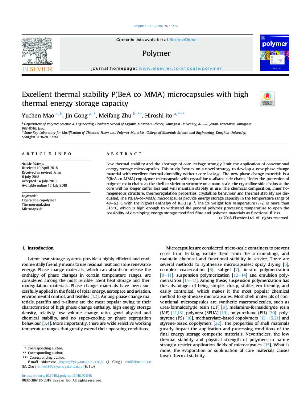 Excellent thermal stability P(BeA-co-MMA) microcapsules with high thermal energy storage capacity