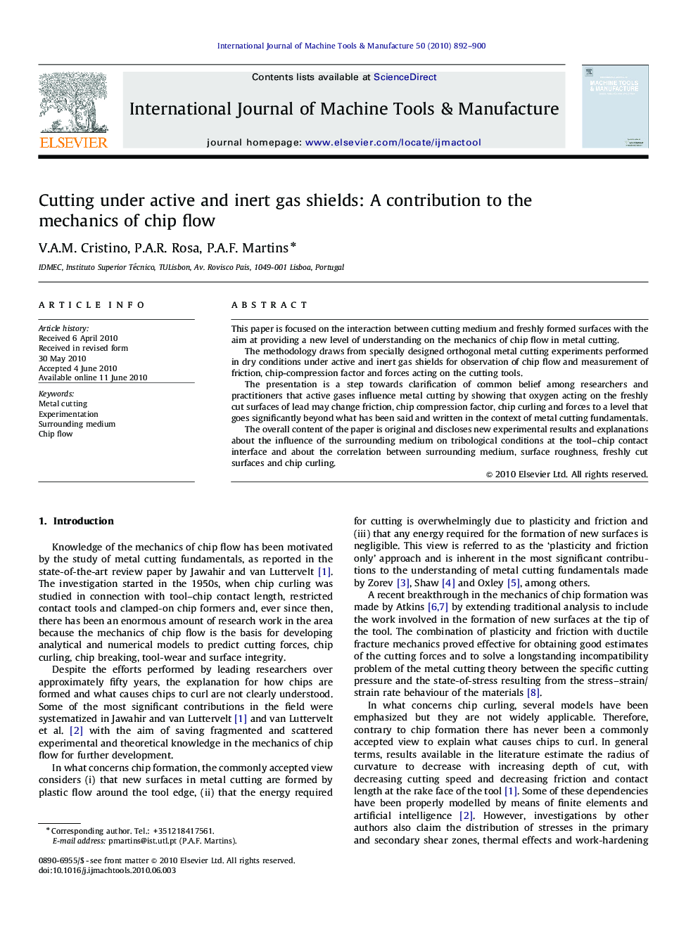 Cutting under active and inert gas shields: A contribution to the mechanics of chip flow