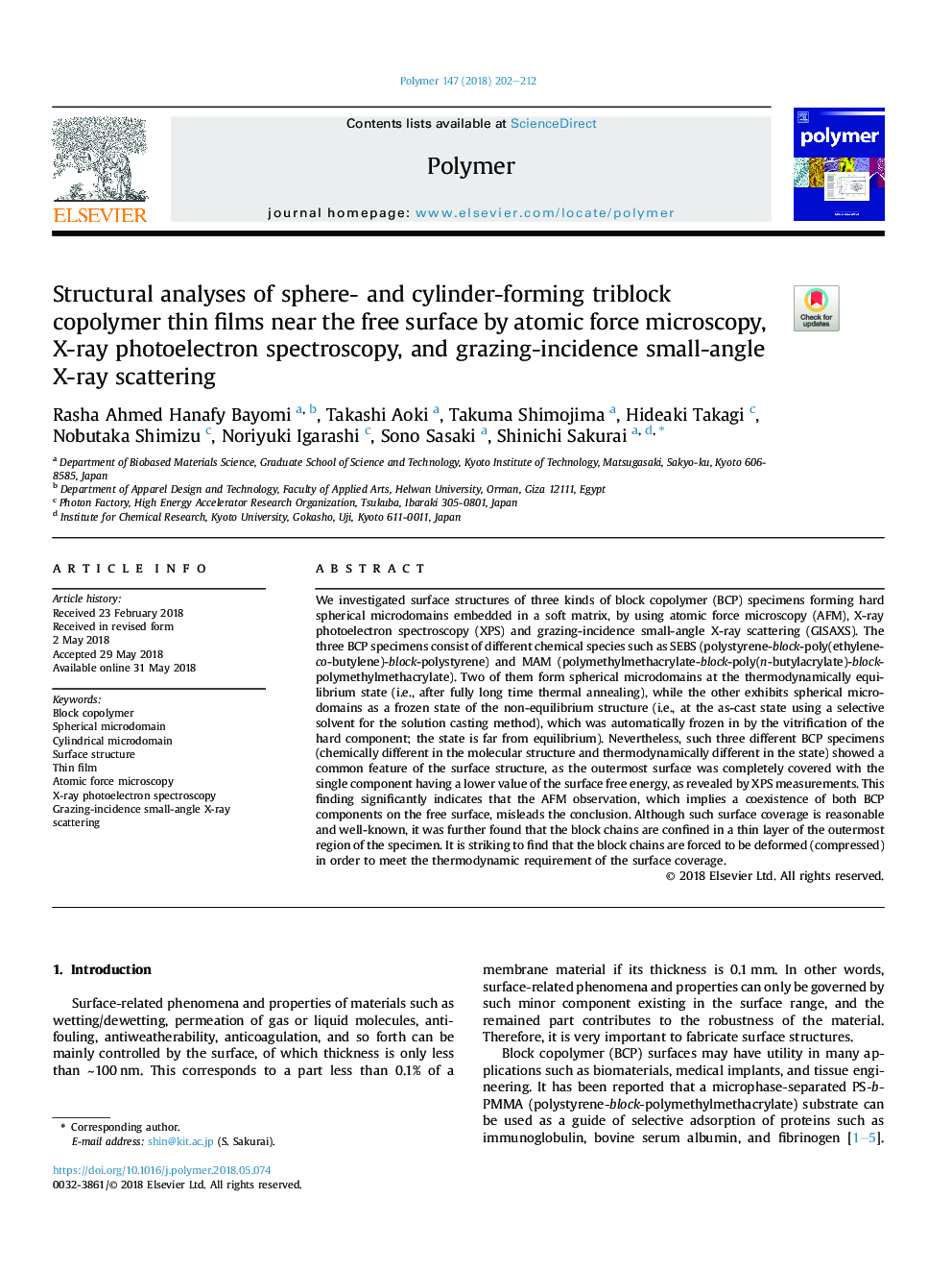 Structural analyses of sphere- and cylinder-forming triblock copolymer thin films near the free surface by atomic force microscopy, X-ray photoelectron spectroscopy, and grazing-incidence small-angle X-ray scattering