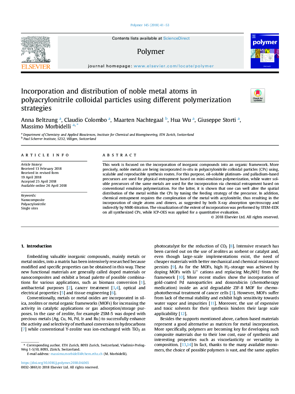 Incorporation and distribution of noble metal atoms in polyacrylonitrile colloidal particles using different polymerization strategies