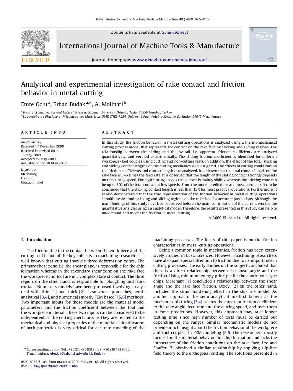 Analytical and experimental investigation of rake contact and friction behavior in metal cutting