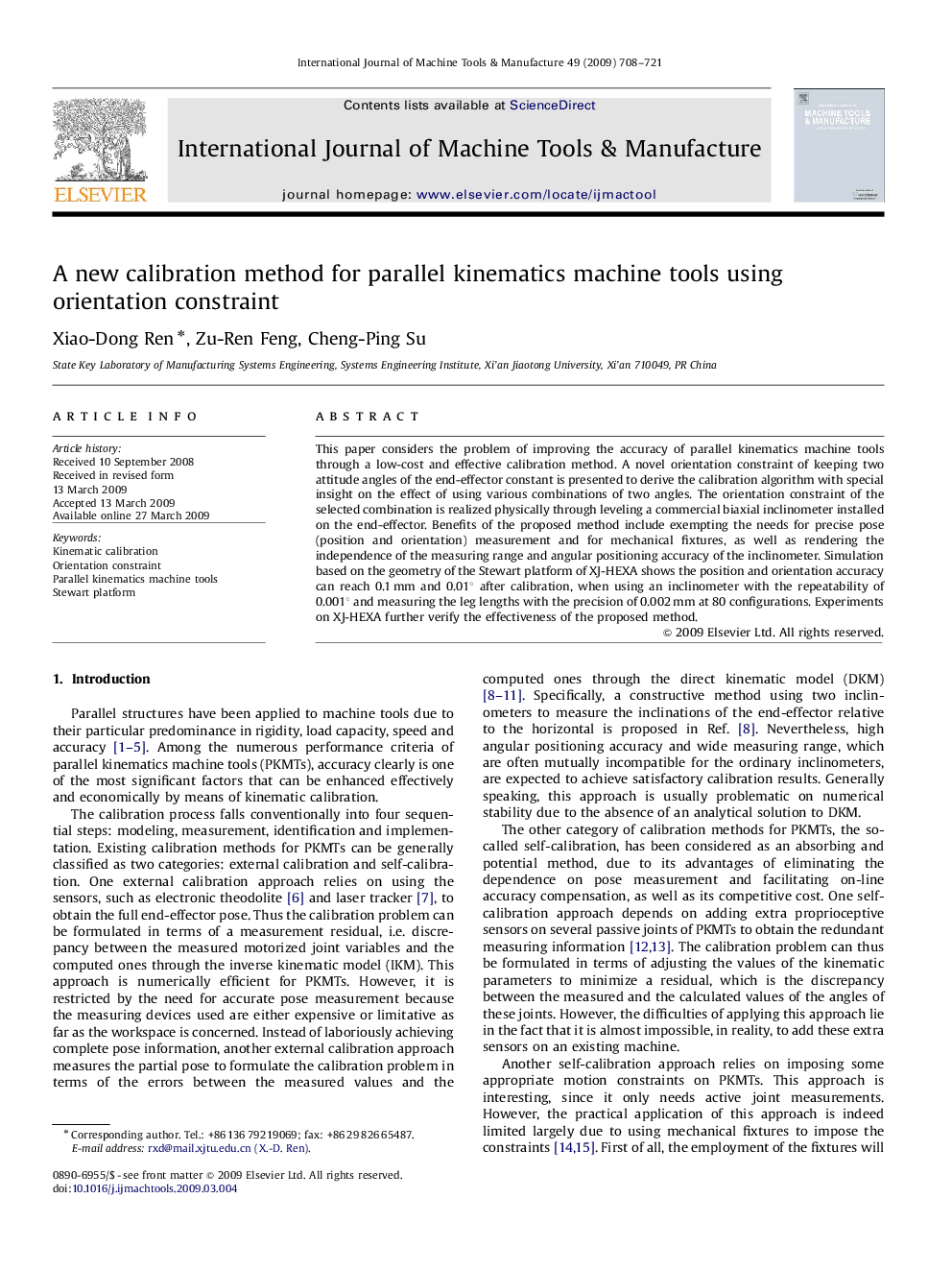 A new calibration method for parallel kinematics machine tools using orientation constraint