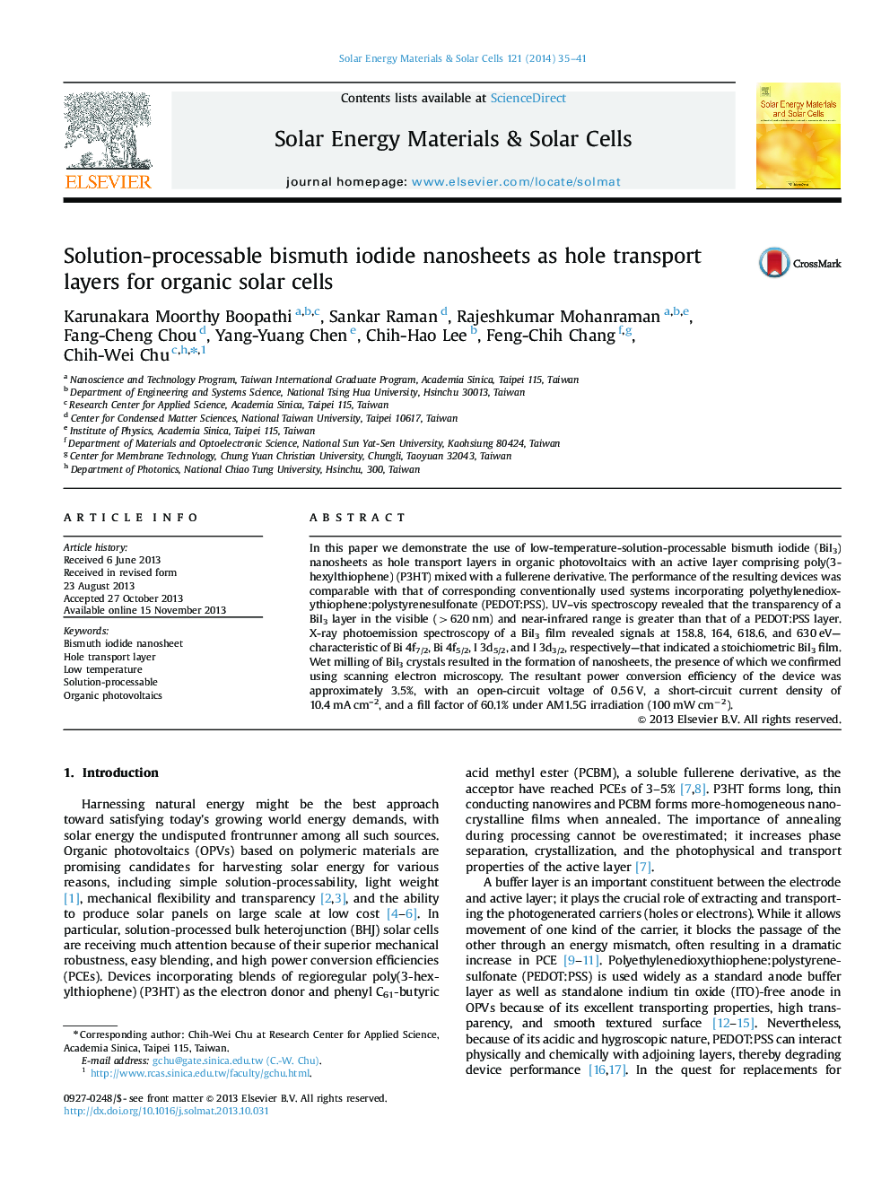 Solution-processable bismuth iodide nanosheets as hole transport layers for organic solar cells